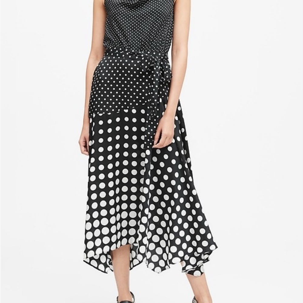 Banana Republic Women’s Black & White Polka Dot Cowl Neck Asymmetrical Dress